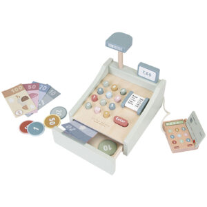 wooden cash register with scanner
